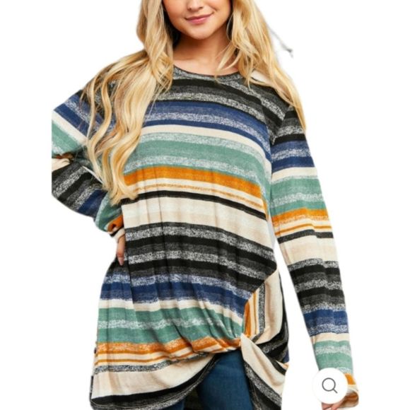 Multi Stripe Twist Hem Long Sleeve Blouse. Plus sizes 1X-3X - Picture 3 of 12